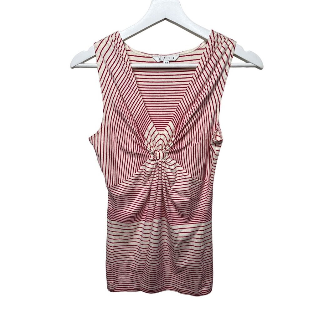 Cabi XS Red Stripe Ruched Twist Front Sleeveless Top